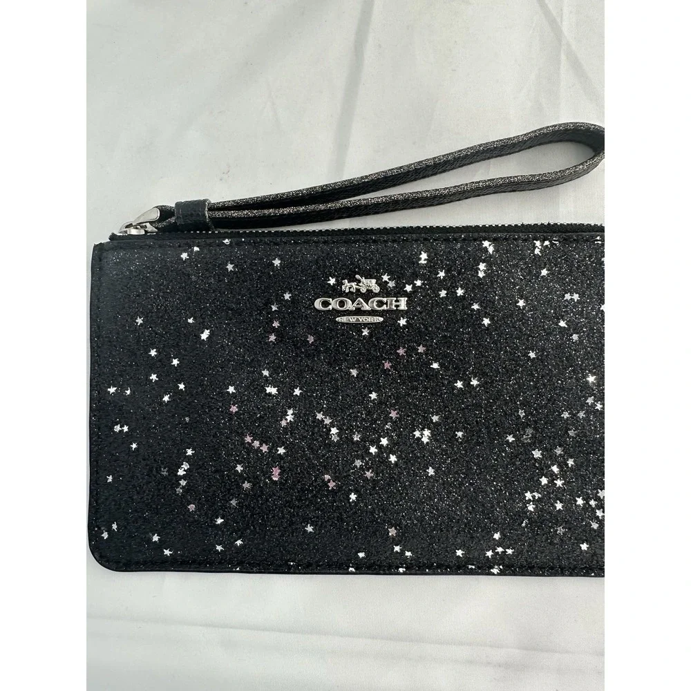 Coach Black Silver Star Glitter Wristlet Wallet Women Zipper Closure Logo Accent